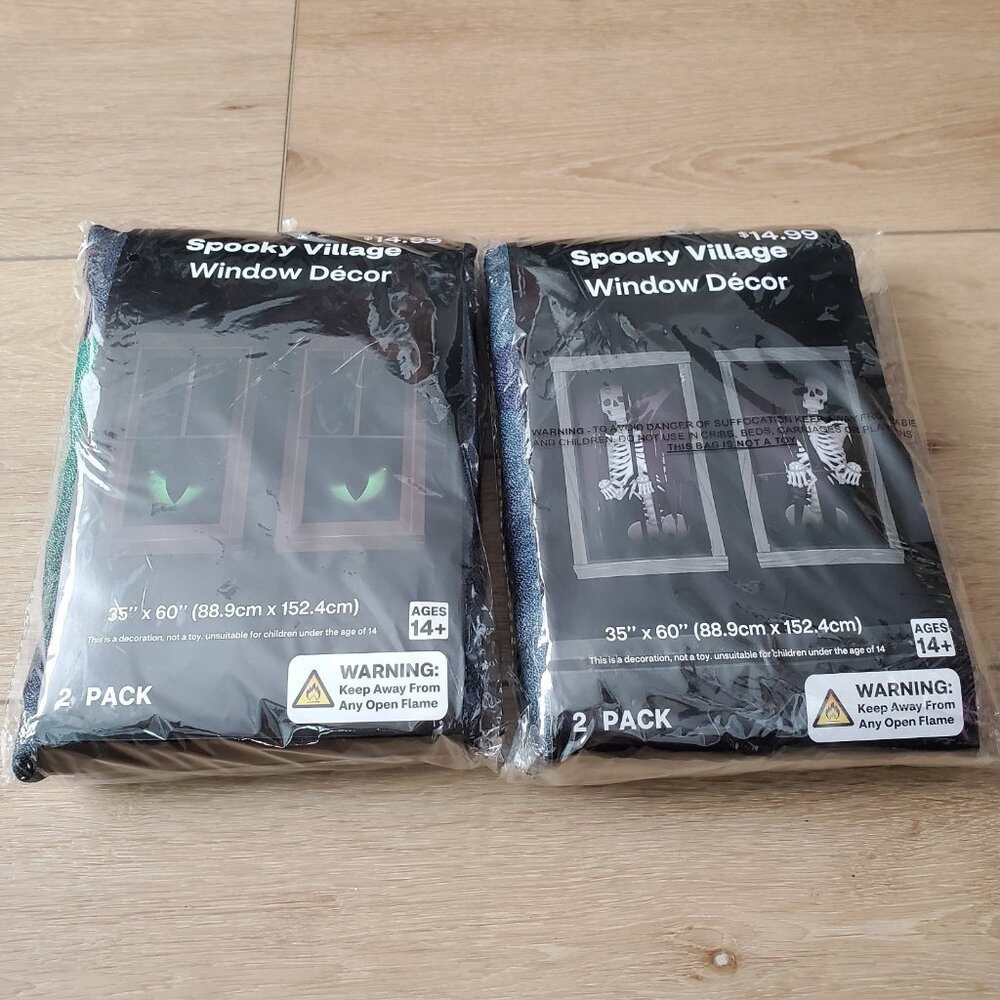 NEW Spooky Village Halloween Window Decor Cat Eyes Skeleton Curtain Lot 35"x60"